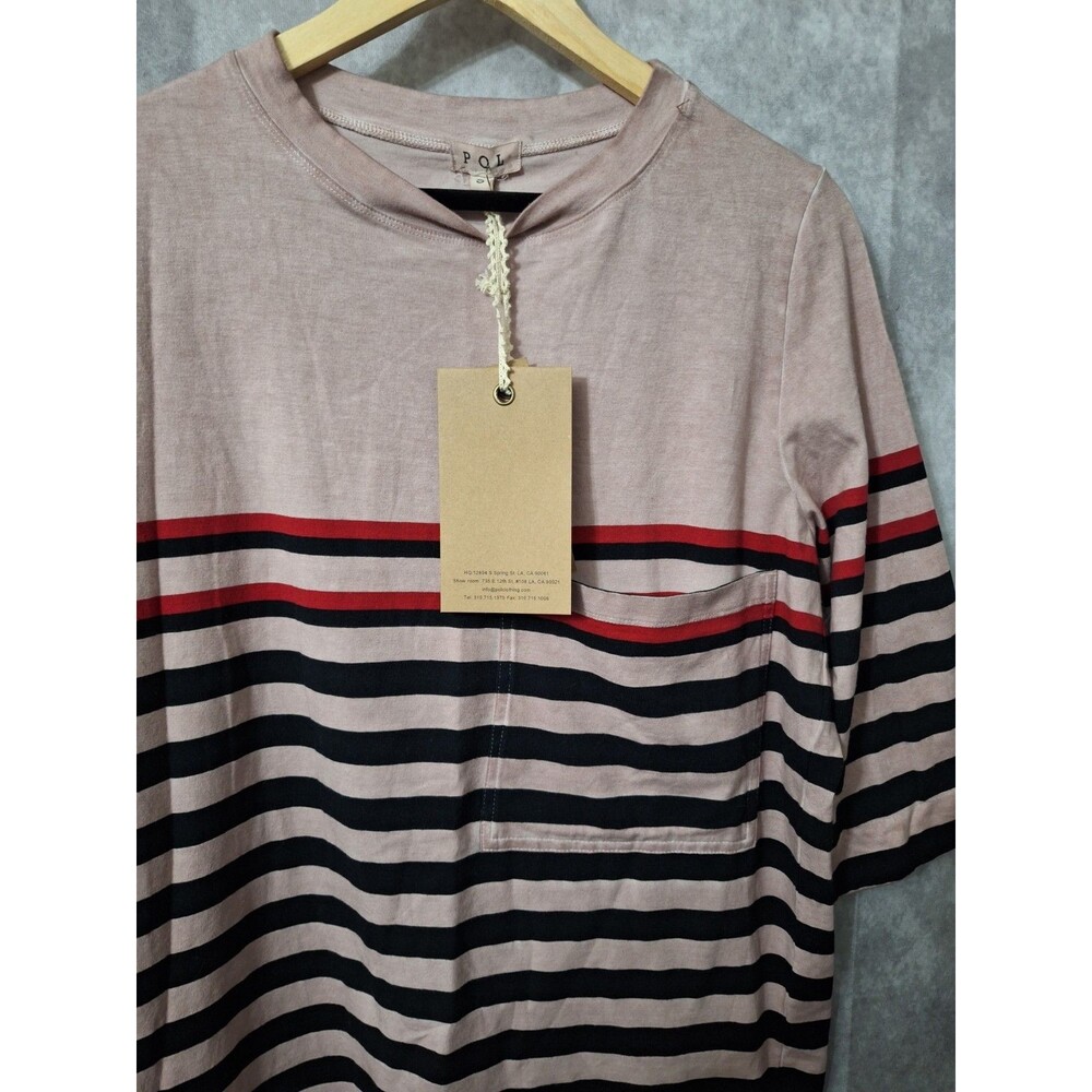 New POL T-shirt Women Small Oversized Striped Short Sleeve Pocket Cotton Casual - Picture 6 of 10